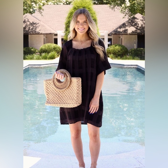 Entro Black Windowpane Square Neck Mini Dress Size L - Picture 1 of 9
